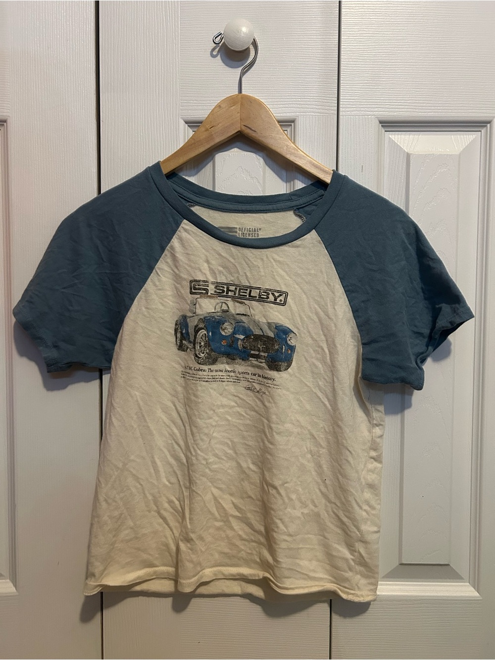 Selby Cream Tee with Blue Raglan Sleeves and Car Graphic
